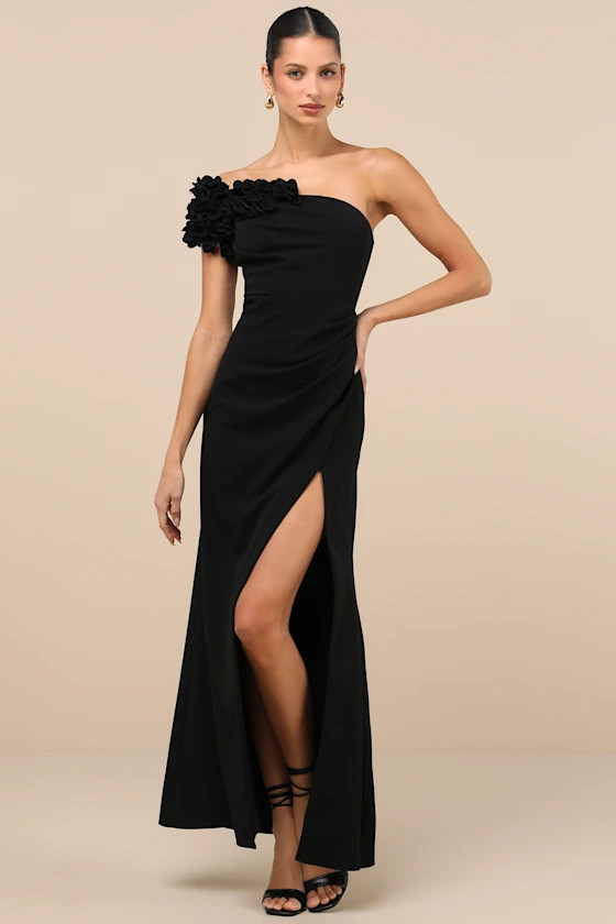 Beyond Elegant Black 3D Floral One-Shoulder Maxi Dress | Lulus
