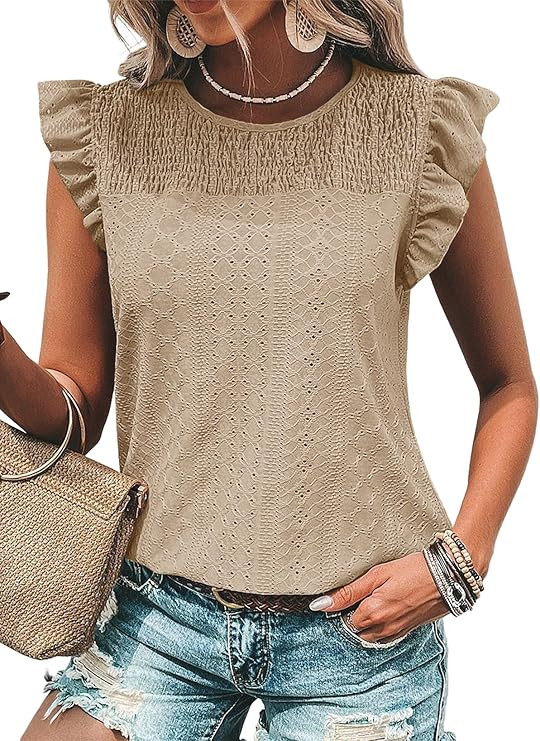 Dokotoo Womens Summer Knit Tops 2025 Hollow Out Crewneck Cute Ruffle Short Sleeve Womens T Shirts... | Amazon (US)