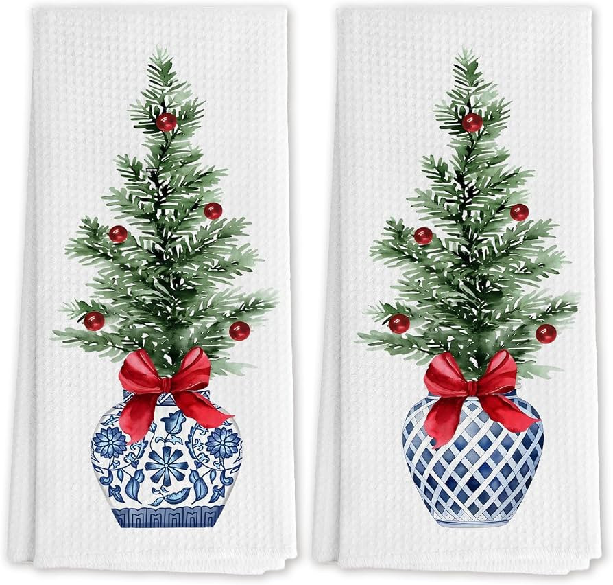 Red Bow Chinoiserie Christmas Tree Kitchen Towels, Blue and White Xmas Tree Decorative Hand Towel... | Amazon (US)