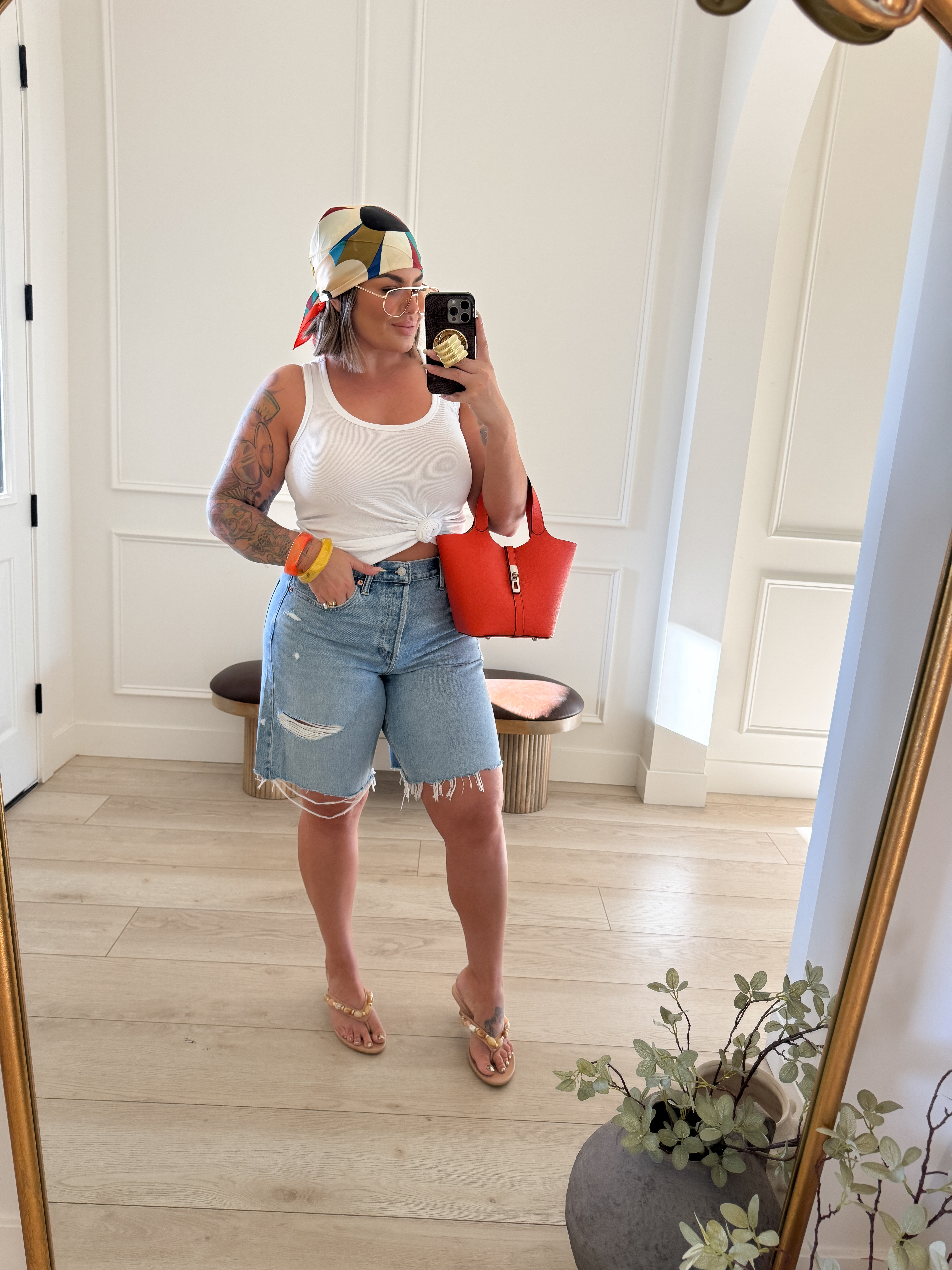 Cool mom outfit idea.

If you don't like shorts because they ride up on you then you will love these. Worth every penny! No chub rub and they don't ride up! I do recommend sizing up one size Im wearing these in a 32. Top size M . If you don't want to wear the scarf on your head you can add it to the bag as a fun color / print pop. 
Heels are very comfy ! I could legit wear these all day. 

#target #jorts #jeanshorts #denim #americaneagle  

 #LTKootd #LTKSaleAlert #LTKMidsize