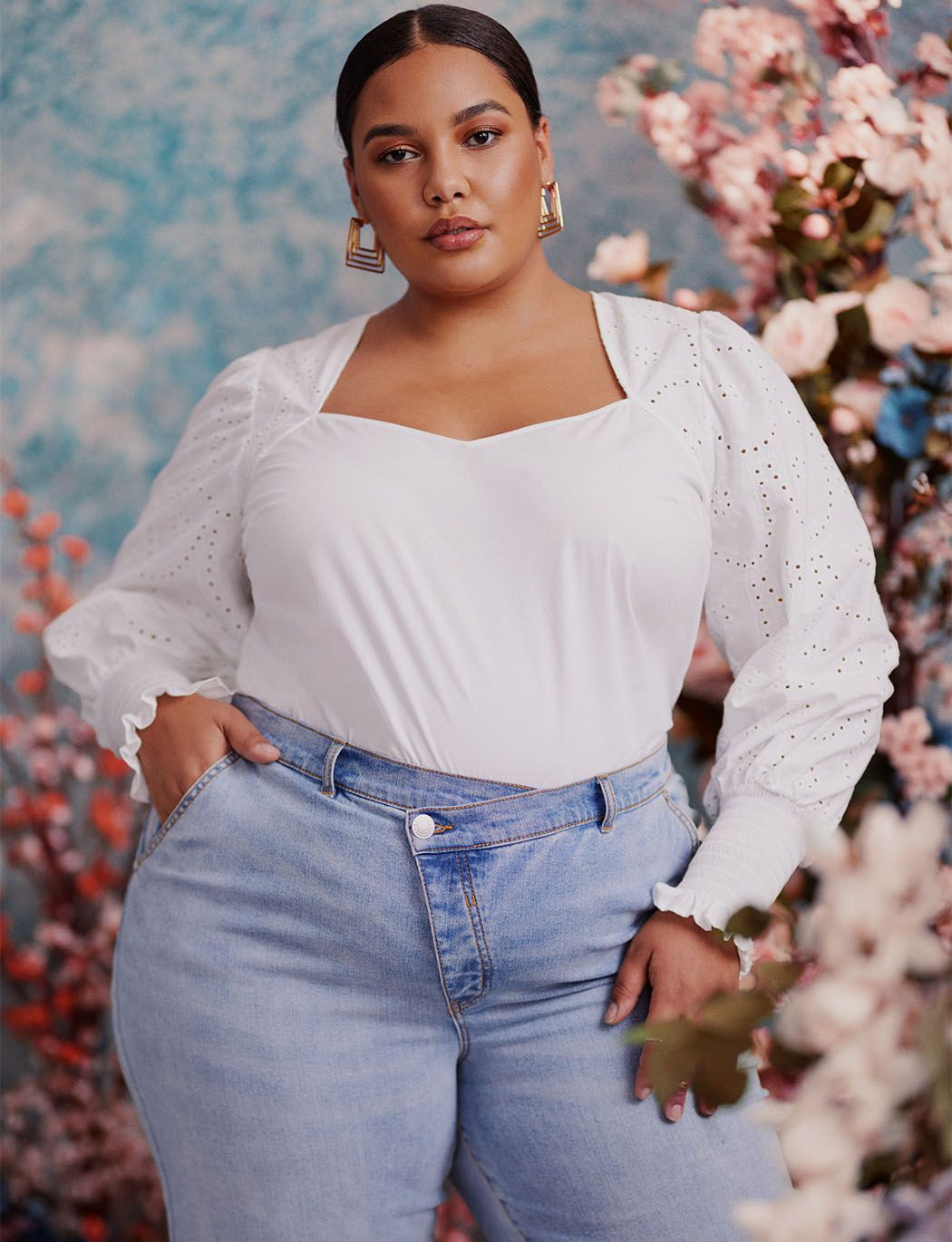 ELOQUII Elements Eyelet Puff Sleeve Top | Eloquii