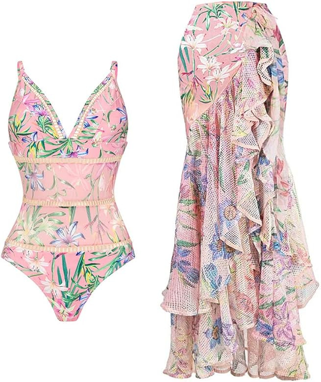 IDOPIP Women's One Piece Swimsuit with Beach Cover up Wrap Skirt Sarong Retro Floral Print Bikini... | Amazon (US)