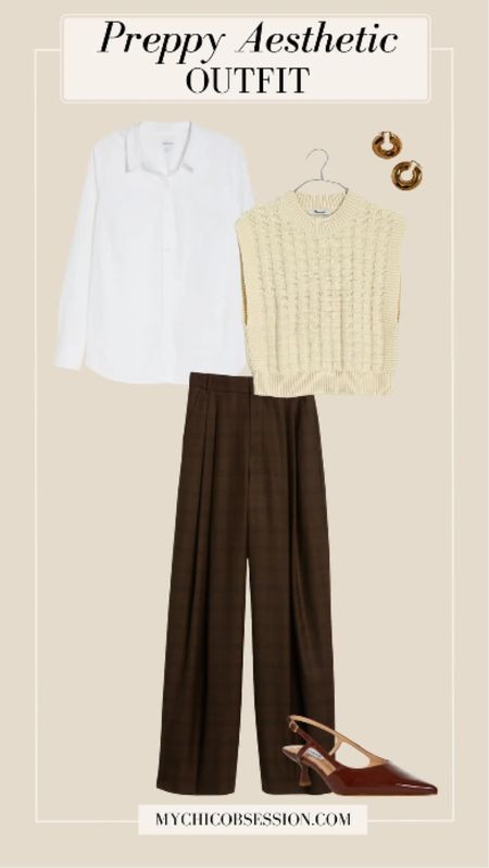 Here’s a less trendy take on the preppy aesthetic. These wide-leg pants make a statement with their gorgeous shade of brown and subtle plaid pattern. On top, layer a white button-down with a checkered sweater vest. Finish the look with kitten heels and gold hoop. 

#LTKstyletip #LTKSeasonal