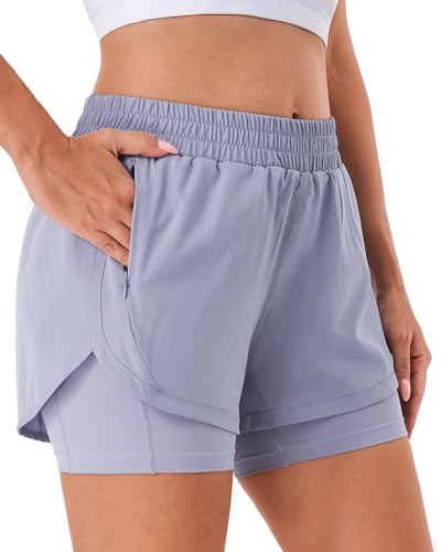 Stelle Women 2 in 1 Running Shorts High Waisted Athletic Shorts Gym Workout Shorts with Liner Zipper Pockets (Purple Haze, S) | Amazon (US)