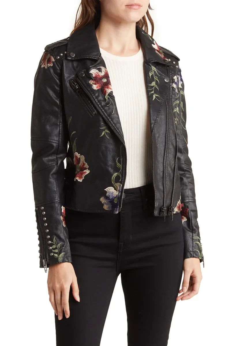BLANKNYC Floral Embroidered Studded Faux Leather Moto Jacket | Nordstromrack | Nordstrom Rack