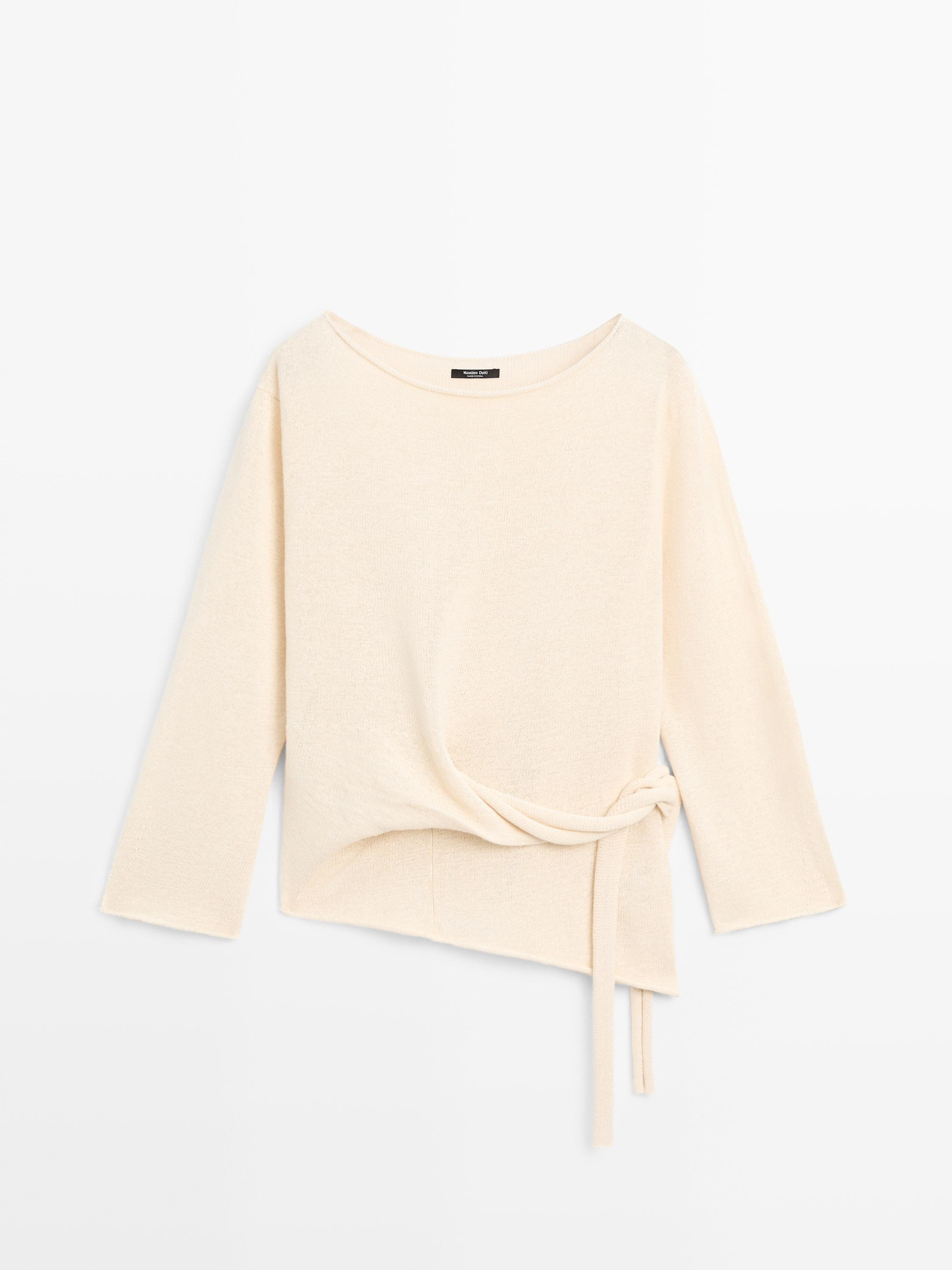 Asymmetric linen blend sweater with tie detail \u00b7 Vanilla \u00b7 Sweaters | Massimo Dutti | Massimo Dutti UK