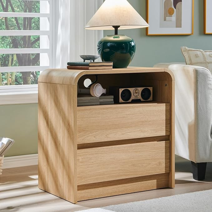Aitjunz 25" Tall Modern Nightstand with Charging Station, 23.6'' Wide Wood Bedside Table w/2 Stor... | Amazon (US)
