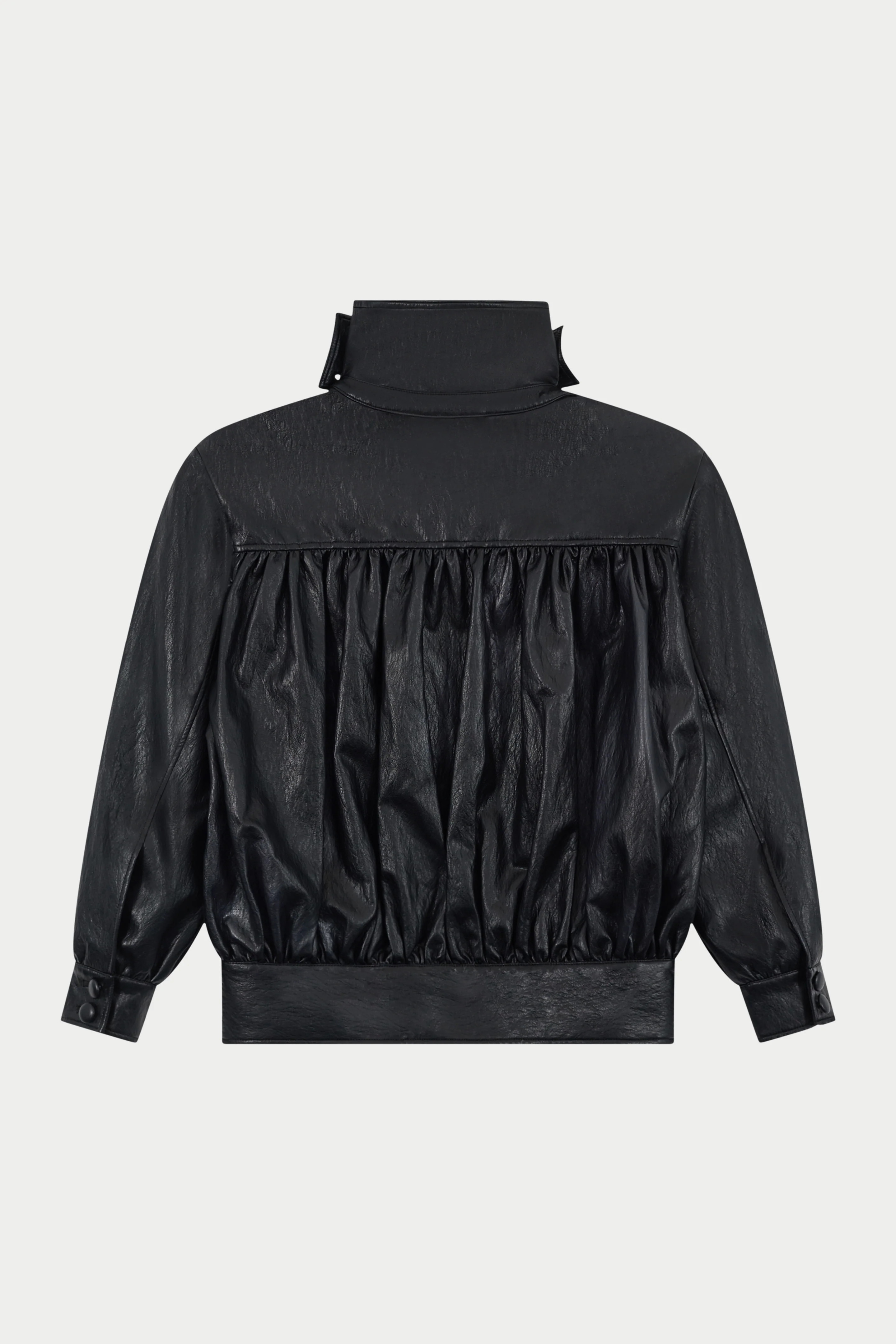 RUCHED FUNNEL NECK FAUX LEATHER JACKET - BLACK | The Couture Club