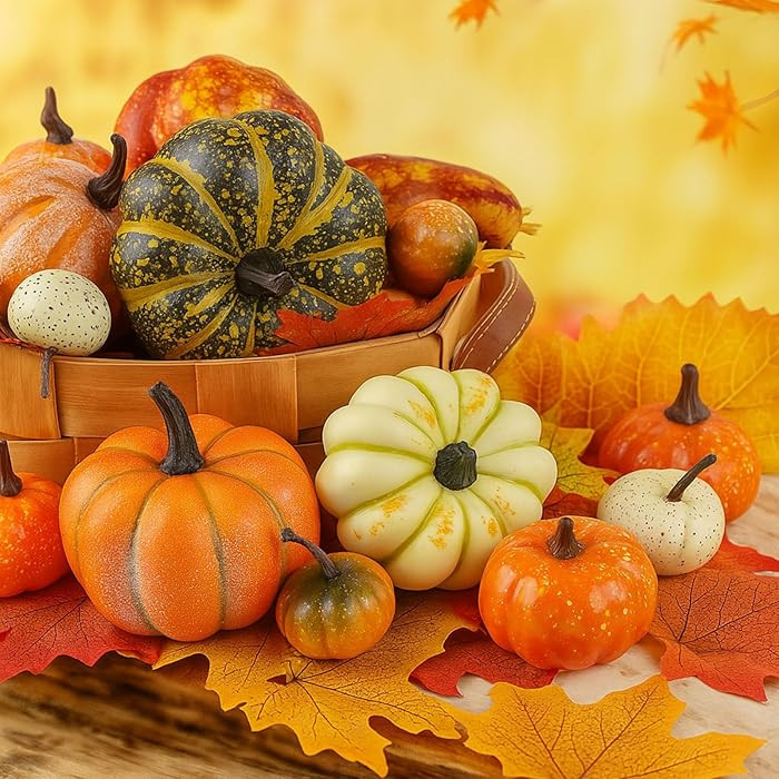 HAKACC 14 PCS Artificial Mixed Pumpkins for Decorating, Fake Pumpkins with 30PCS Fake Maple Leave... | Amazon (US)
