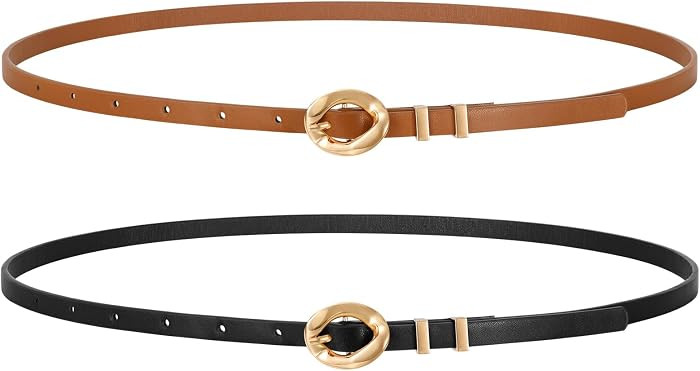 LEACOOLKEY Women Skinny Belts 0.39 Inch Wide 2 Pack Thin Leather Belts for Dresses Jeans Cardigan... | Amazon (US)