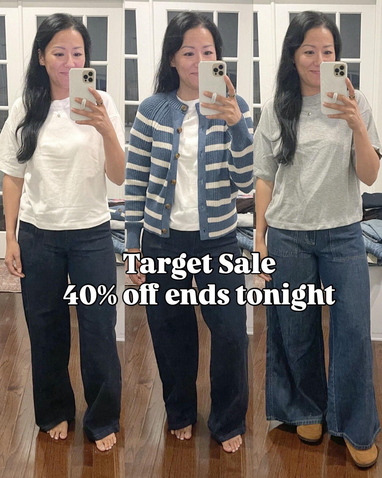 Size small tees, cardigan 
Size 2 dark wash jeans and size 4 palazzo jeans

Size XS barrel pull on pants

Size 4 leopard jeans (size 2 fit but I prefer  the 4 bc of my longer torso)
Size 4 sailor straight leg jeans
Size small PJs (XS would also fit)

Size 4 in brown barrel jeans and wide leg jeans

All shoes are true to size

#LTKSaleAlert #LTKOver40 #LTKSeasonal