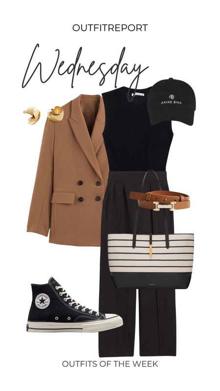 Outfits of the week in brown blazer black bodysuit black trousers tote handbag and converse shoes 

#LTKstyletip #LTKshoecrush #LTKitbag