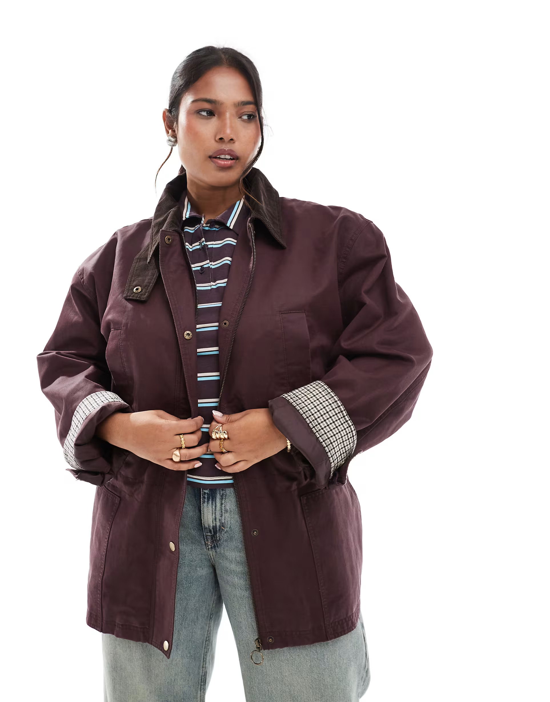 ASOS DESIGN waxed cinched waist jacket with contrast collar in plum | ASOS (Global)