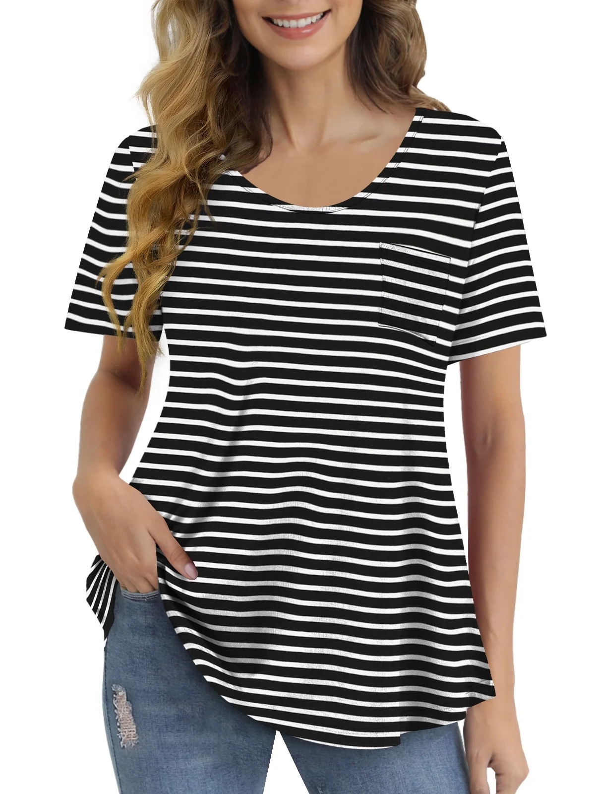 FOLUNSI Womens T Shirts Short Sleeve Round Neck Loose Print Tunic Tops with Pocket | Walmart (US)