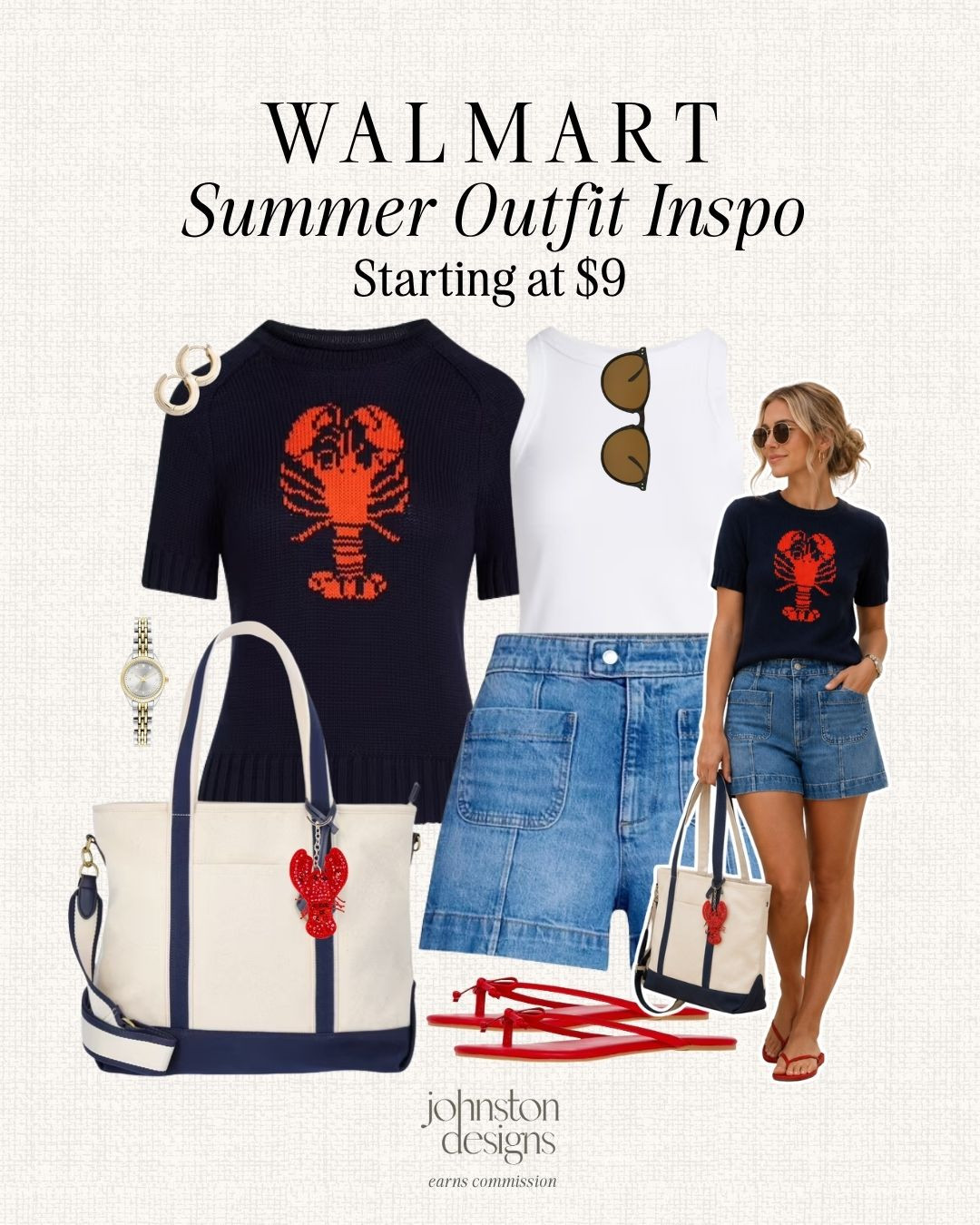 Walmart summer outfit inspo with a lobster sweater, denim shorts and red accents for a fun coastal look. Love this for lake days, beach trips or festive summer weekends. 🦞

Walmart summer outfit, lobster sweater, denim shorts, red sandals, tote bag, white tank, sunglasses, coastal style, lake outfit, beach trip, summer weekend, casual look, warm weather, affordable finds, vacation style 

 #LTKootd #LTKSeasonal