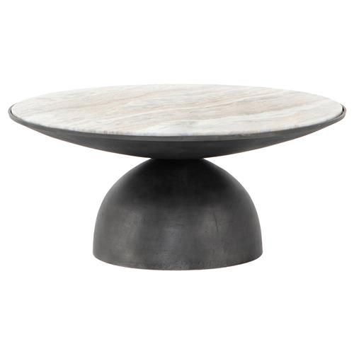 Malia Industrial Loft Beige Marble Top Aluminum Round Coffee Table | Kathy Kuo Home