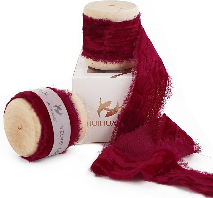HUIHUANG Red Velvet Ribbon 1 inch Red Frayed Silk Velvet Ribbon Fringe for Ornaments Crafts, Chri... | Amazon (US)