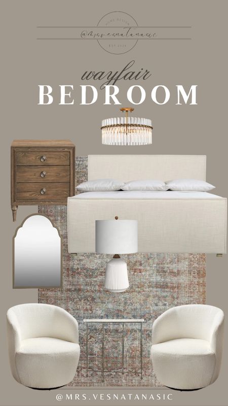 Styled bedroom from Wayfair includes bed, nightstand, lamp, flash mount chandelier, rug, accent chair, mirror, rug. 

#LTKsalealert #LTKstyletip #LTKhome