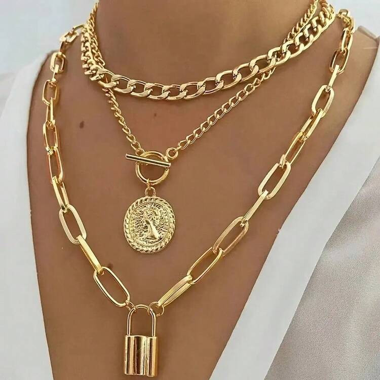 1pc Vintage Punk Versatile Antique Coin & Curb Chain Multi-Layer Necklace, Suitable For Women's Party, Shopping, And Matching | SHEIN