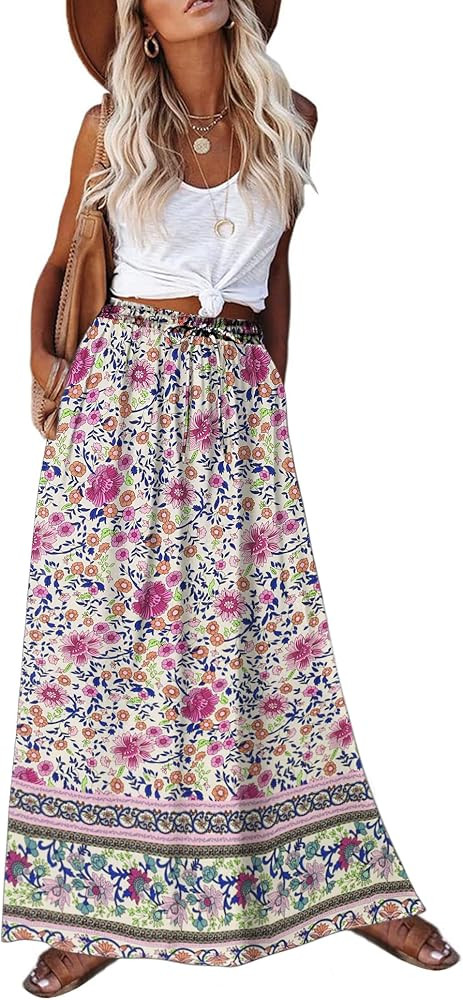 Zeagoo Women's 2025 Boho Floral Skirt Casual Elastic High Waist Maxi Skirts Flowy A Line Beach Lo... | Amazon (US)