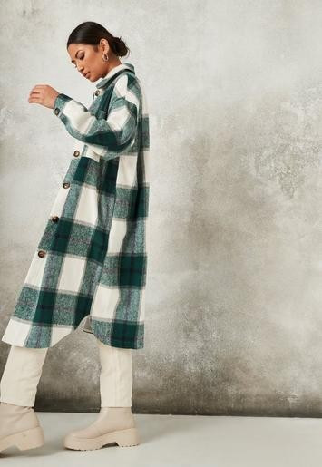 Green Brushed Plaid Long Shacket | Missguided (US & CA)