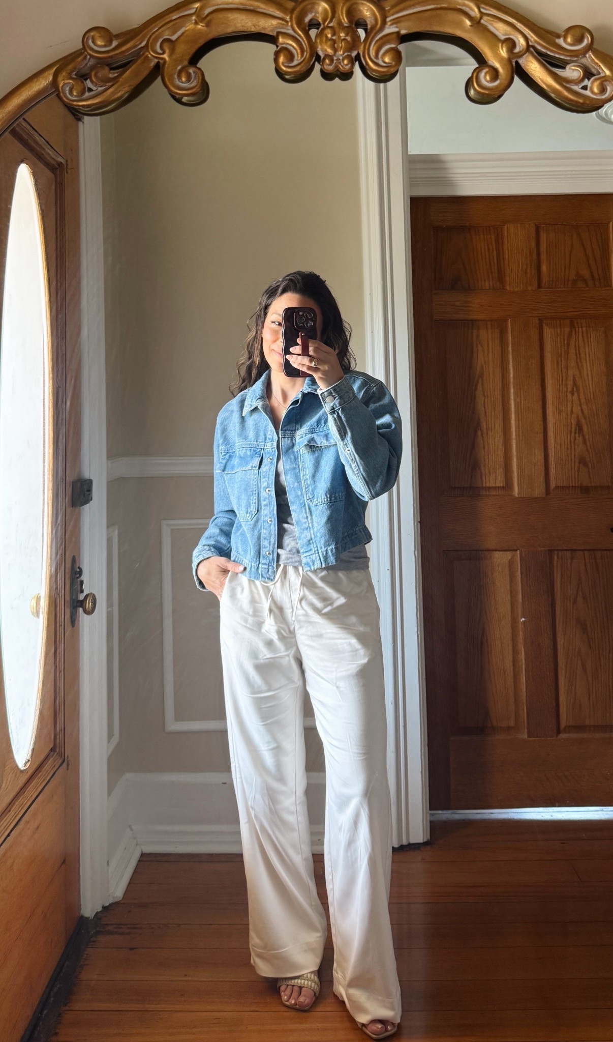 Love how versatile these drawstring pants are. Pockets on the side and one on the back. Nice fabric. Can be dressed up or down. I wore slip pants with them.

Denim jacket is the perfect crop length. True to size.

#LTKSaleAlert