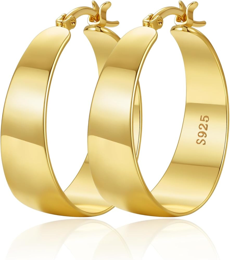 OOOPEL 10mm Wide 925 Sterling Silver Hoops Earrings for Women, 14K Real Gold Plated Hoop Earrings... | Amazon (US)
