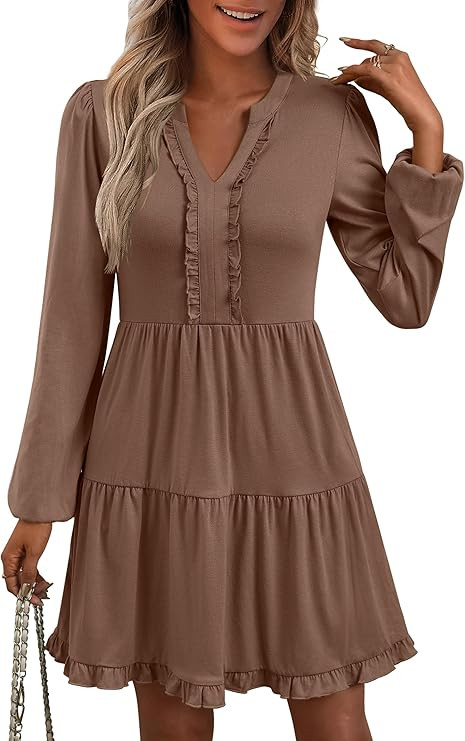 ANRABESS Womens Long Sleeve Dress 2025 Fall Casual V Neck Tiered Flowy Swing Short Mini Dresses B... | Amazon (US)