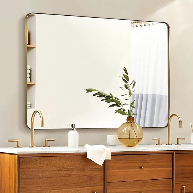 ANDY STAR 36”x48”Gold Bathroom Mirror for Wall, Brushed Brass Metal Rounded Corner Rectangle ... | Amazon (US)