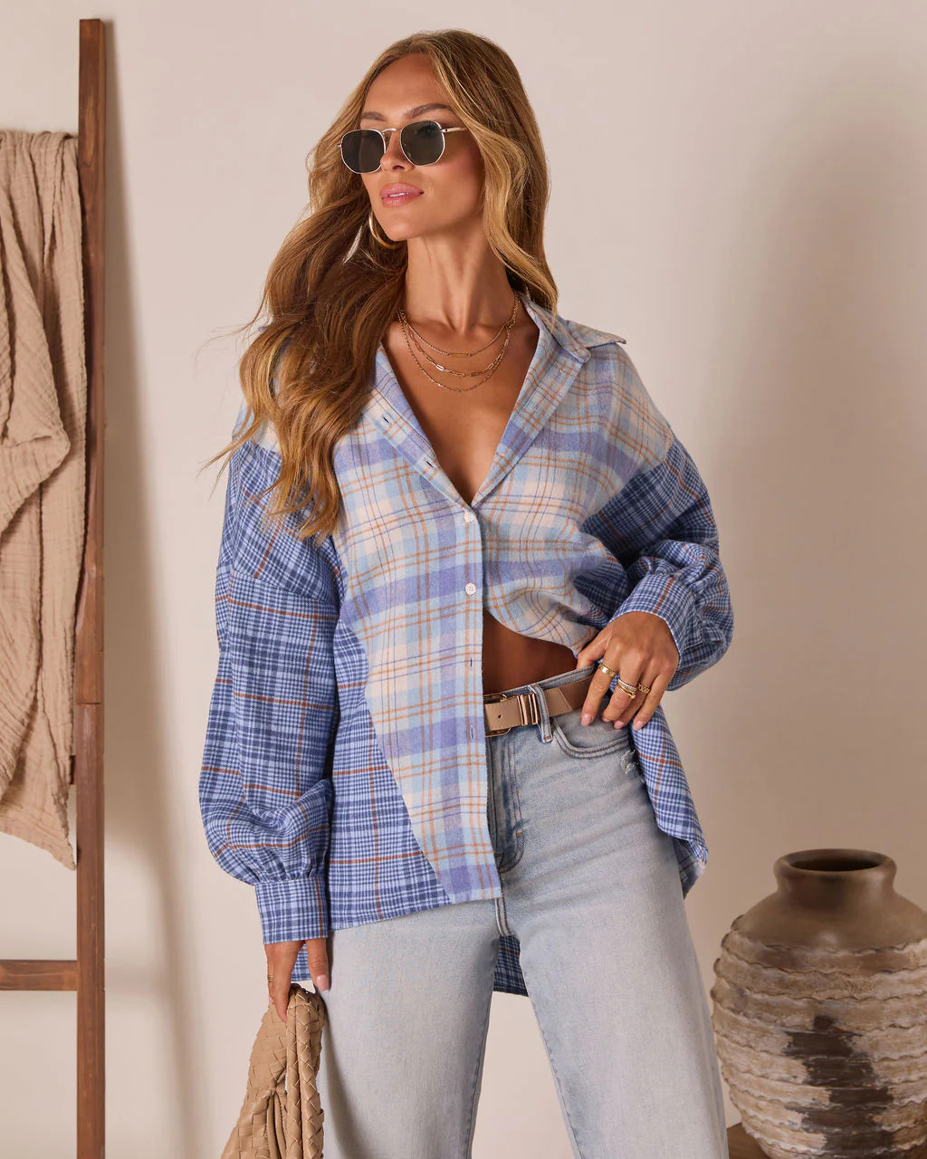 Axton Oversized Plaid Button Down Top | VICI
