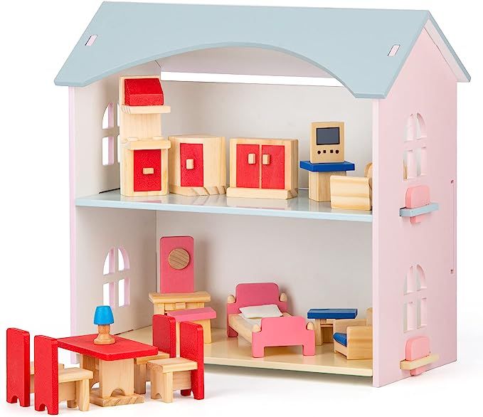 EINSTEM Wooden Dollhouse with Furniture, Toys for 3+ Year Old Girls Gifts for Pretend Play, Princ... | Amazon (US)