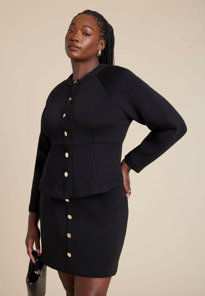 Strong Shoulder Nipped Waist Scuba Jacket | Eloquii