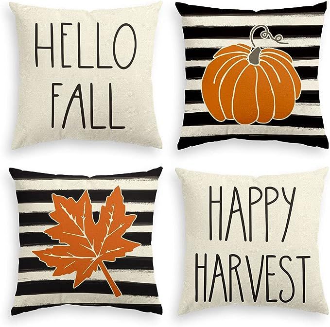AVOIN colorlife Hello Fall Watercolor Stripes Pumpkin Leaf Throw Pillow Cover Happy Harvest, 18 x... | Amazon (US)