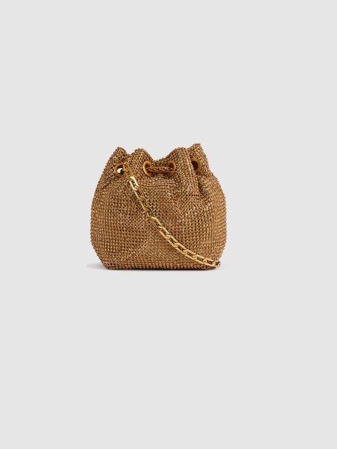 Reiss Gold Demi Crystal Mini Bucket Bag | Reiss UK