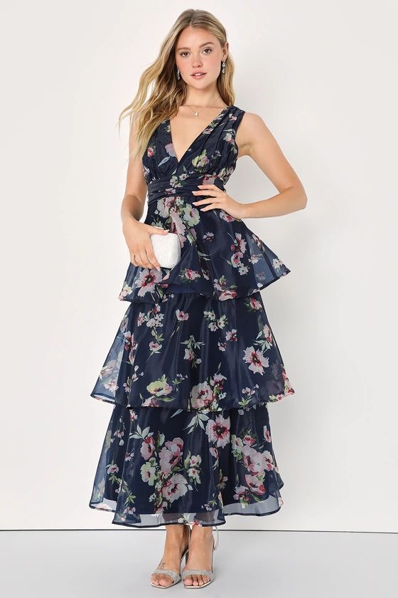 Molinetto Navy Blue Floral Organza Ruffled Tiered Maxi Dress | Lulus (US)