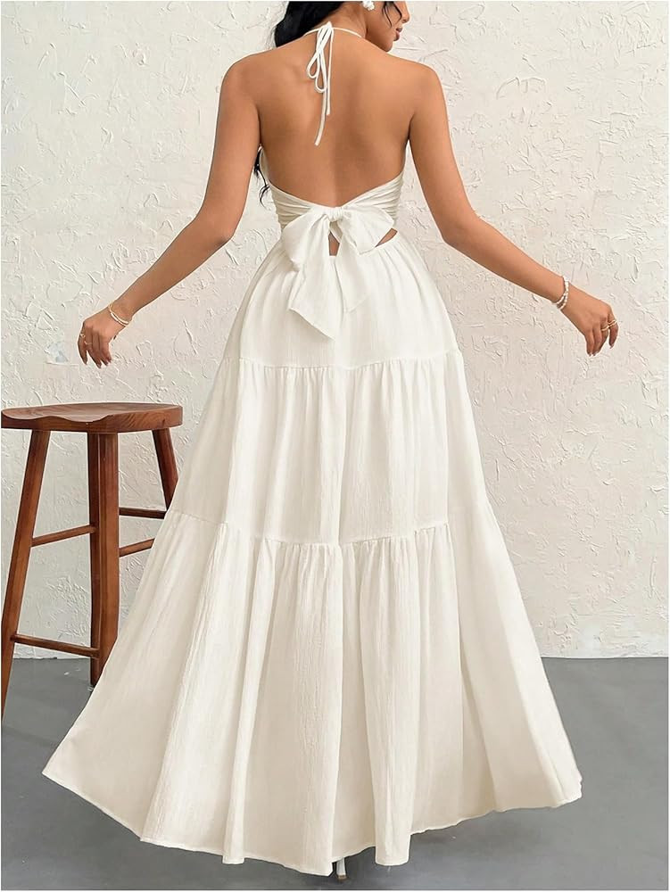 SHENHE Women's Deep V Neck Tie Knot Backless Halter Dress A Line Flowy Ruffle Maxi Dress | Amazon (US)