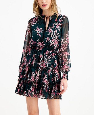 Floral-Print Mini Tie-Neck Dress, Created for Macy's | Macys (US)