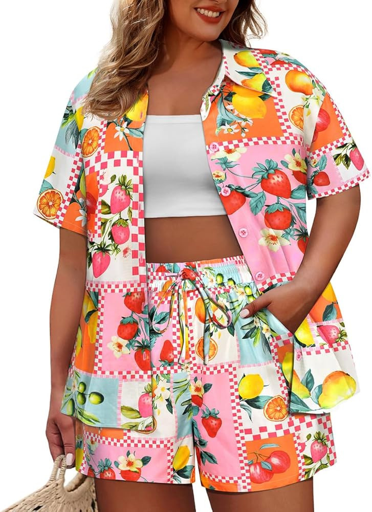CARCOS Women's Plus Size 2 Piece Sets Summer Top and Shorts Set Short Sleeve Vacation Casual Trac... | Amazon (US)