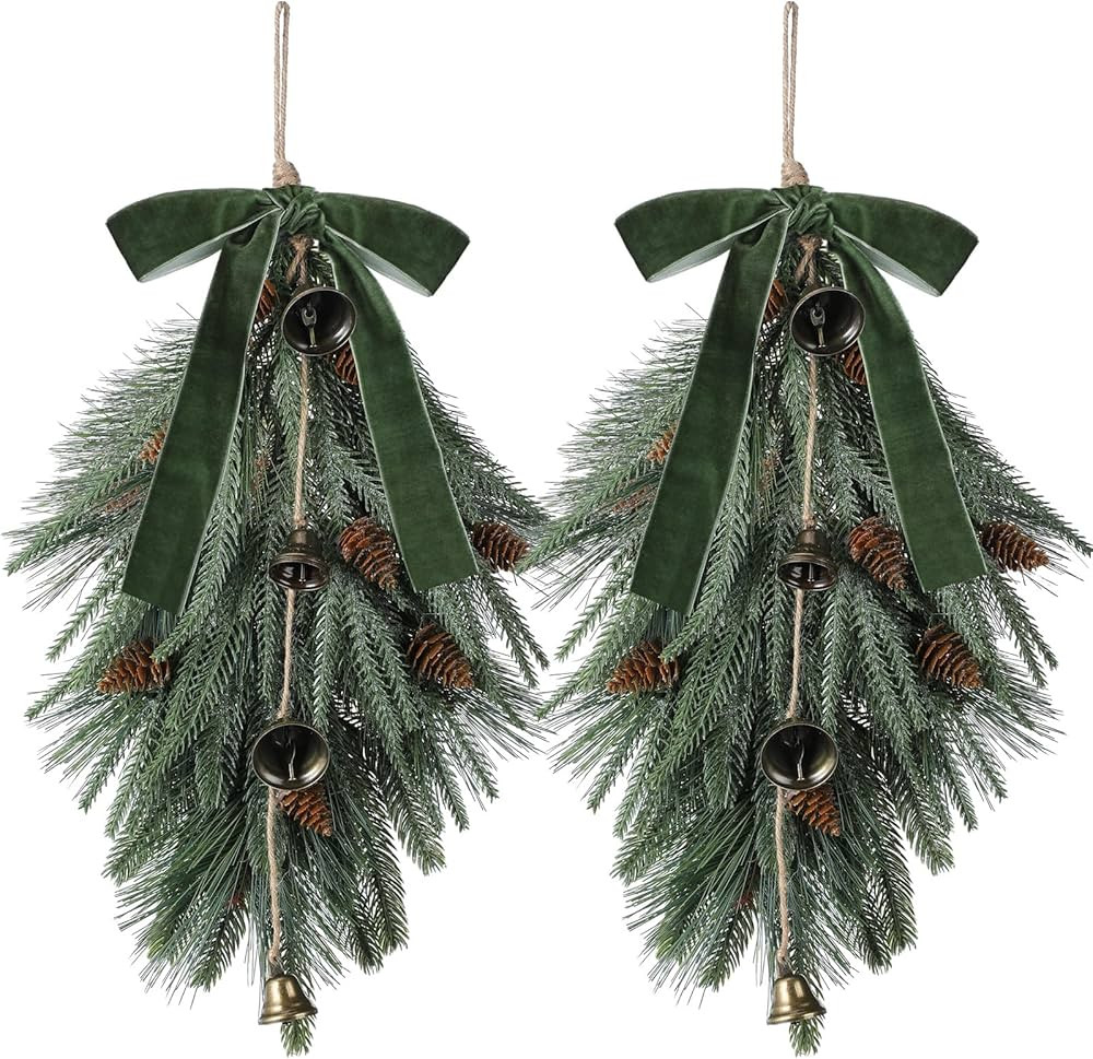 2 Pack Christmas Teardrop Swag 20 Inch Rustic Door Swag Teardrop Wreath Artificial Norfolk Pine N... | Amazon (US)