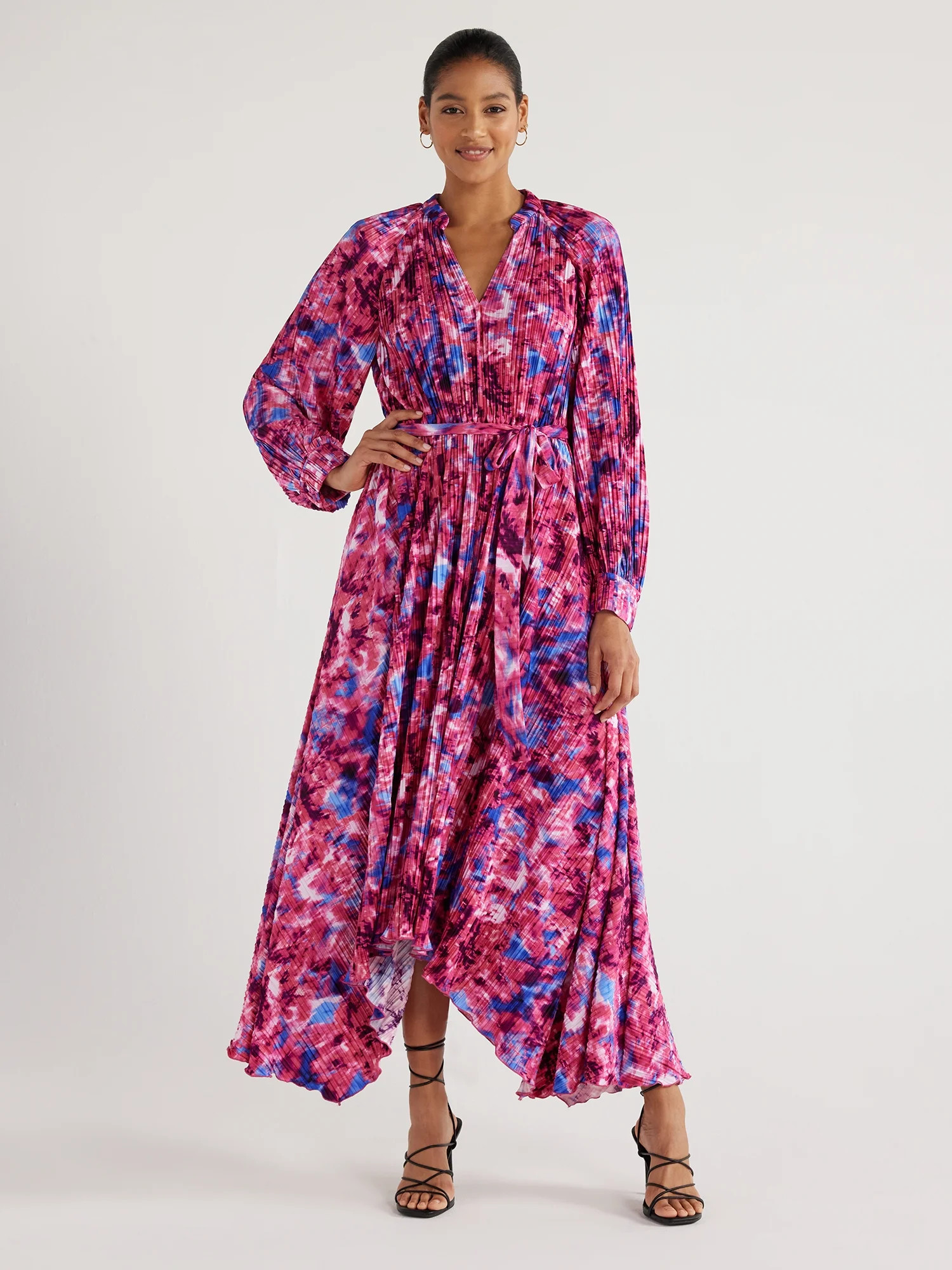 Scoop Women’s Pleated Handkerchief Hem Dress with Long Sleeves, Sizes XS-XXL | Walmart (US)