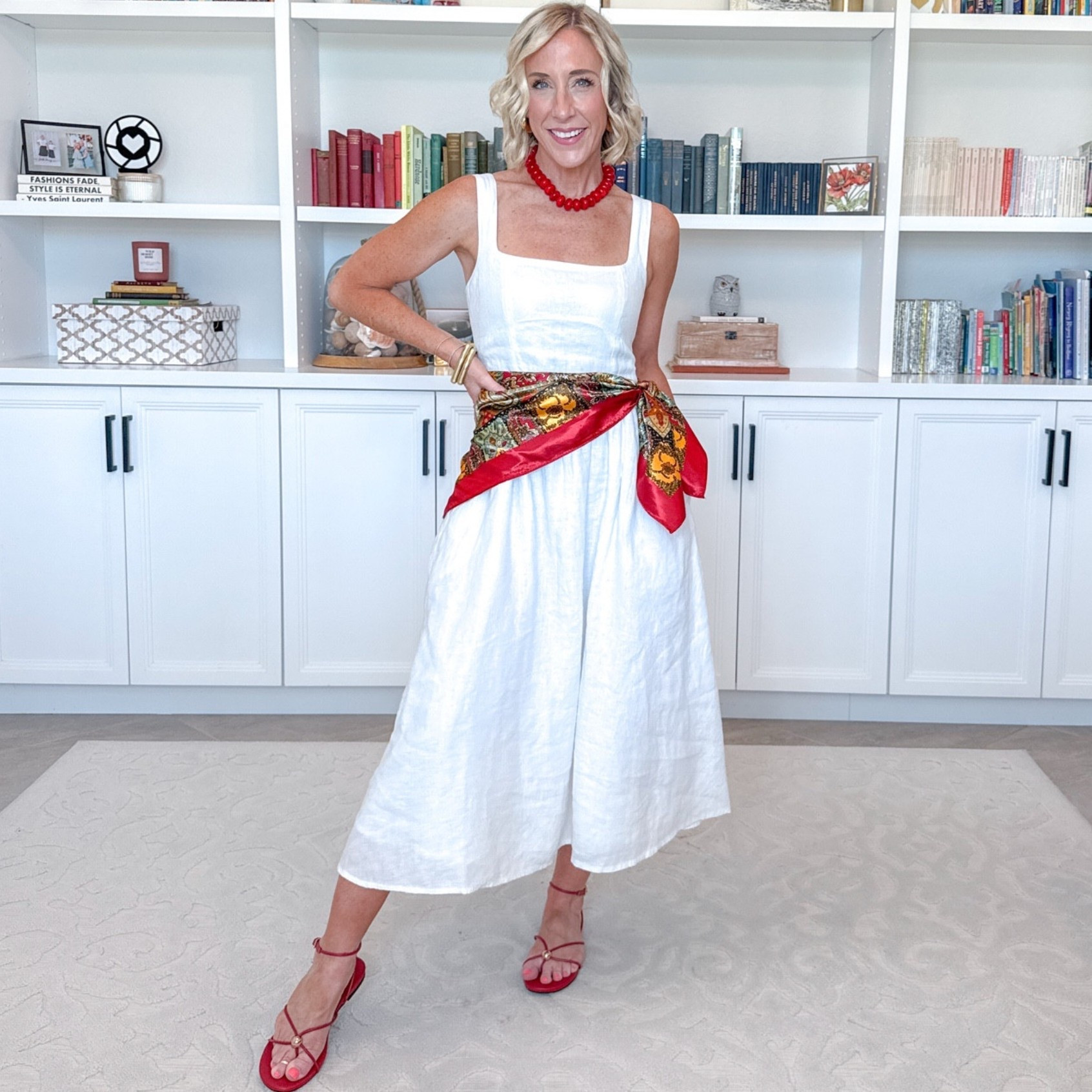 One White Dress - 6-ish ways to wear it: * 100% European Linen Fit & Flare Midi Dress - size XS. 11 colors. Scarf (at waist) - linking both necklaces and both scarves.

#LTKSeasonal #LTKOver40 #LTKTravel