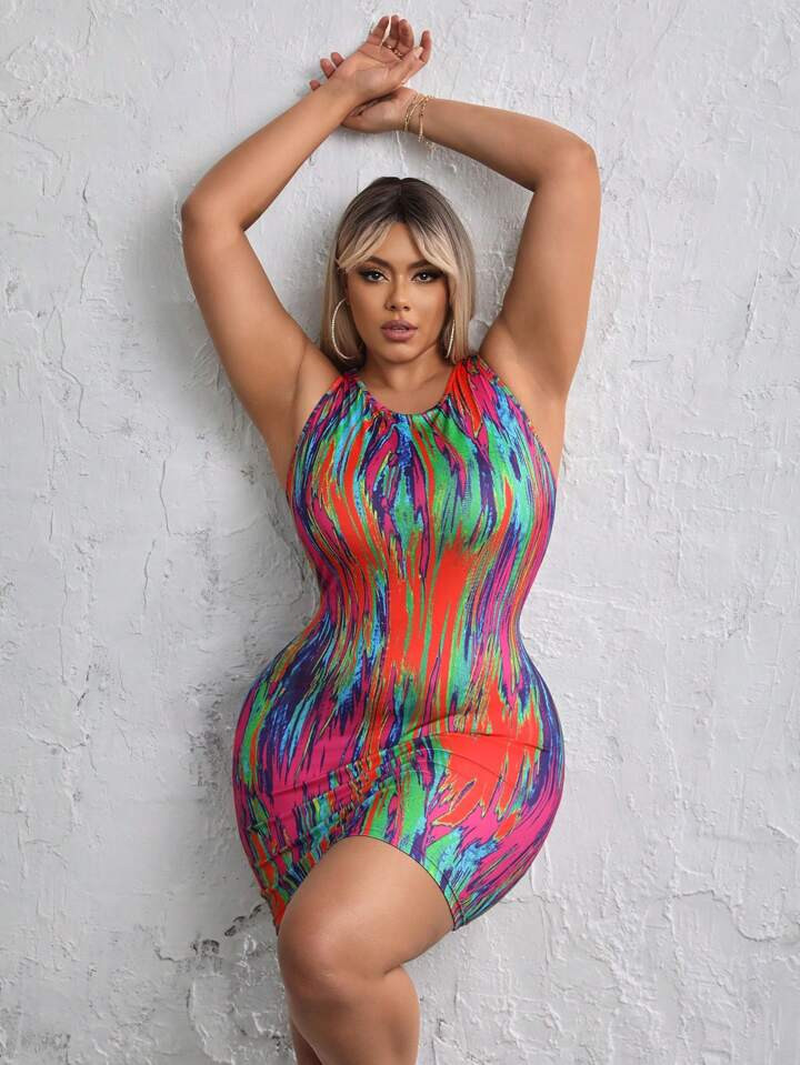 SHEIN SXY Plus Size Full Printed Bodycon Dress | SHEIN