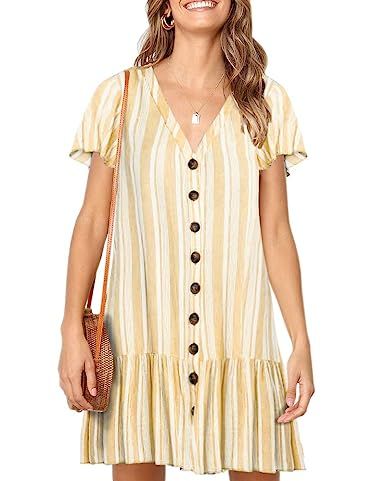 Chuanqi Womens Polka Dot V Neck Button Down Ruffles Casual Loose Swing Short Mini T-Shirt Dress | Amazon (US)