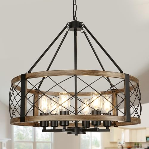 Modern Chandelier for Dining Room, 6-Light Wood Grain Finish Farmhouse Chandelier, 22.5” Rustic Drum Hanging Light Kitchen Island, Round Metal Hanging Light Fixture for Foyer, Entryway, Bedroom | Amazon (US)