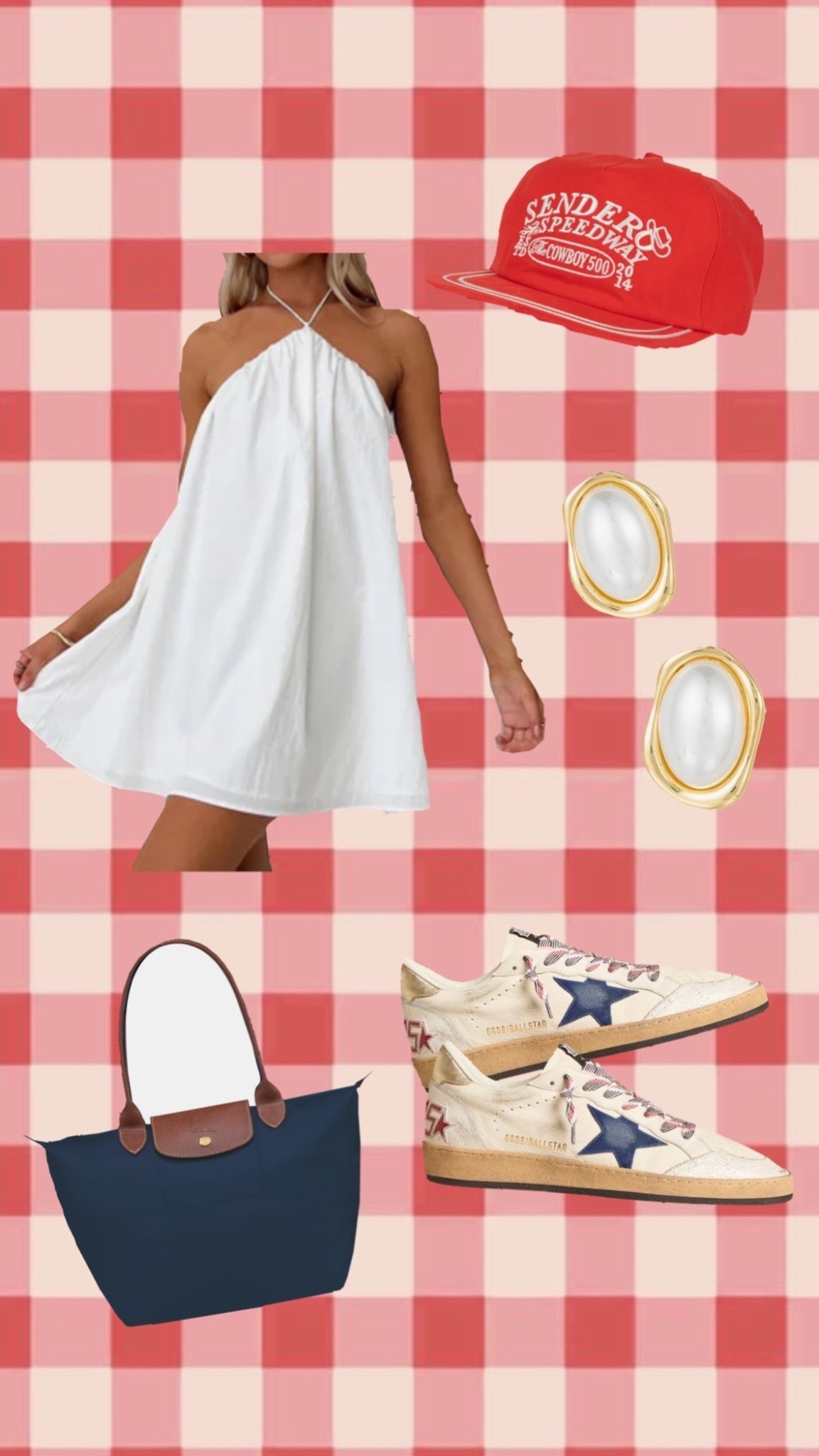 White dress, Fourth of July outfits, coastal, coastal outfits, pearls, golden goose, sneakers, bags, purses, longchamp bag, trucker hat, red hat, summer outfits, classy outfits, summer outfits, outfit inspo, cape cod, 4th of July, red white and blue, game day, 

#LTKSeasonal