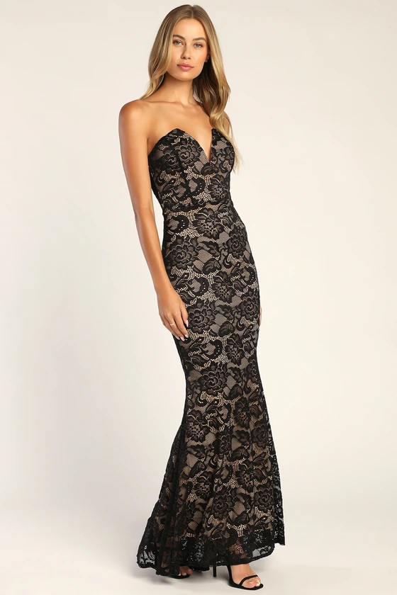 Sexy Sophistication Black Lace Strapless Trumpet Maxi Dress | Lulus