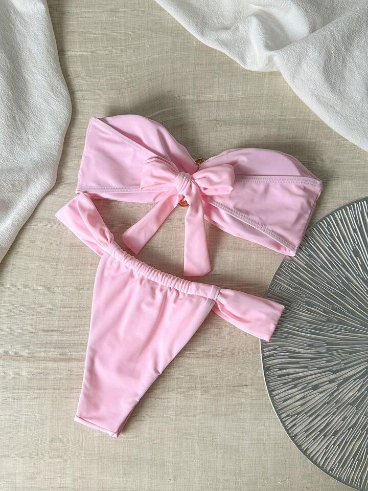 Swim Chiccia Women Beach Summer Outfits - Solid Color Bandeau Metallic Decor And Thong Bikini Set... | SHEIN