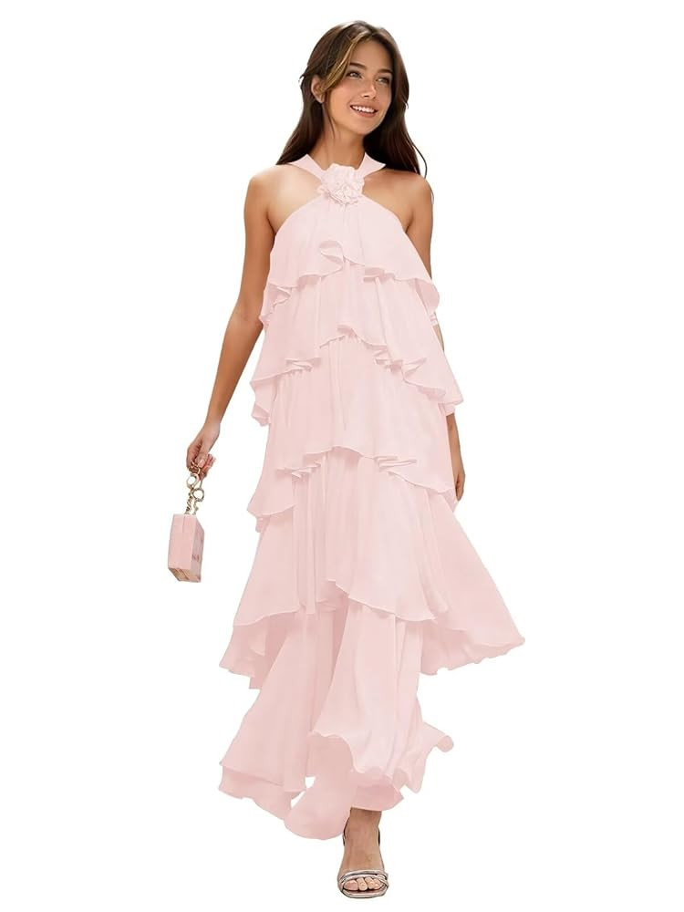 Maxianever Tiered Halter Bridesmaid Dresses Long A Line Formal Dress for Women | Amazon (US)