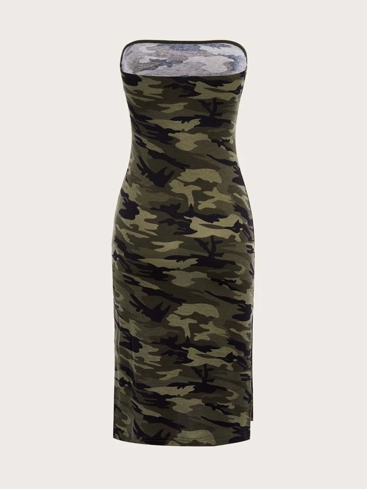 SHEIN EZwear Camo Print Split Thigh Tube Dress | SHEIN