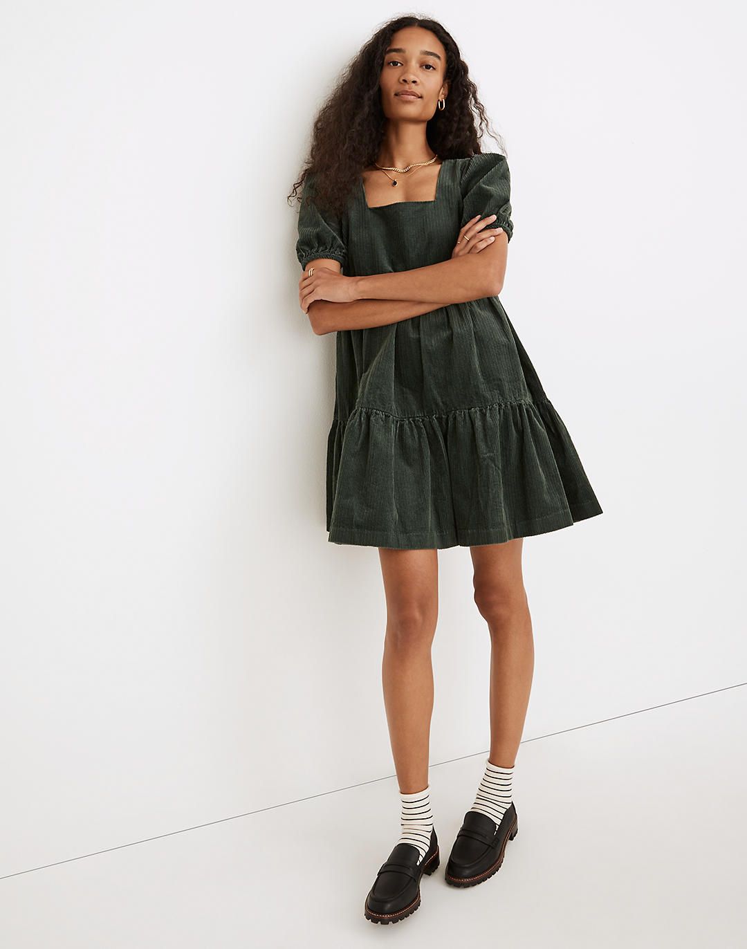 Corduroy Aidy Square-Neck Tiered Mini Dress | Madewell